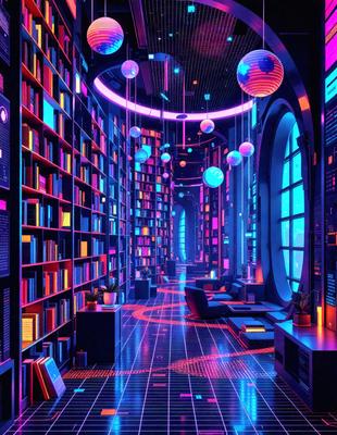The primary subject of the image is a large library filled with books. The setting is a futuristic library with a purple and blue color scheme, giving it a unique and visually striking appearance. The visual style is a combination of digital art and illustration, creating a vibrant and imaginative atmosphere. The colors and mood of the image are predominantly purple and blue, which evoke a sense of creativity and innovation.